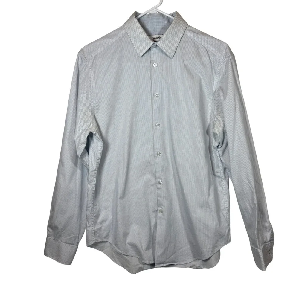 Calvin Klein Slim Fit Stretch Dress Shirt Blue Pinstripe Men's Size 15 1/2 32/33